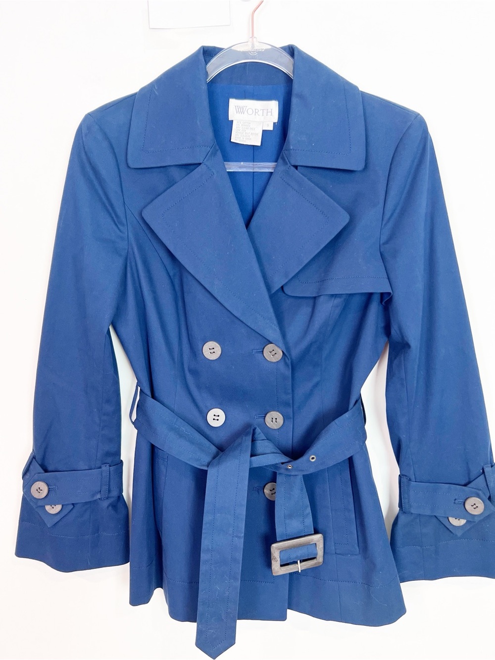 WORTH NAVY BLUE DOUBLE BREASTED SHORT BELTED TRENCH COAT SZ SMALL